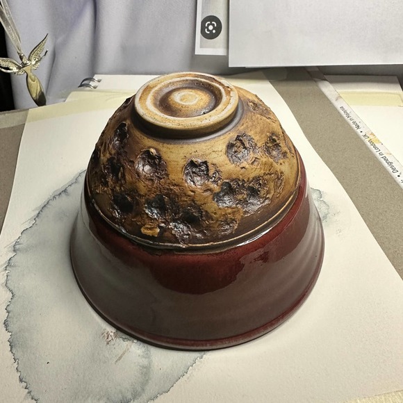 Unusual Raw and Red Glazed Bowl , Signed - Picture 2 of 3